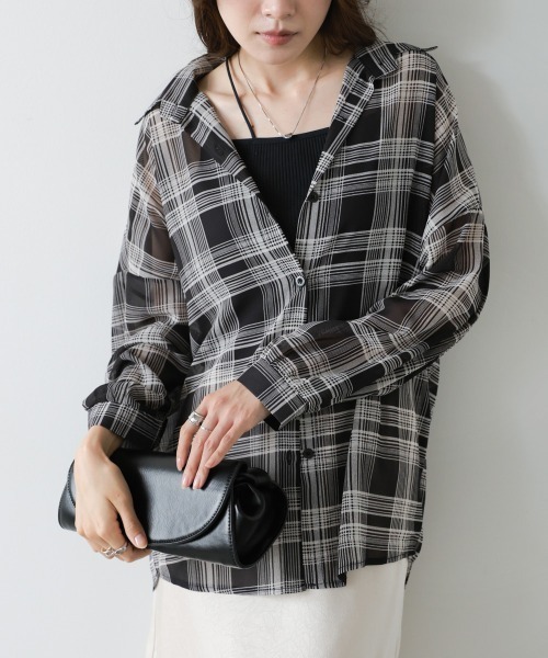 Bab(バブ)の「【着回し力抜群】シアーベーシックチェックシャツ(シャツ/ブラウス・レディース・ブラック/ブラウン・M)」の13枚目の写真