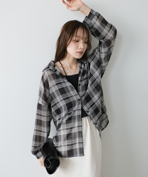Bab(バブ)の「【着回し力抜群】シアーベーシックチェックシャツ(シャツ/ブラウス・レディース・ブラック/ブラウン・M)」の15枚目の写真