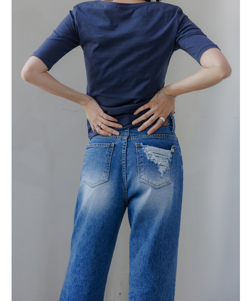MEMUA(メムア)の「カッティングオビサンドキャットウォッシュデニム(デニムパンツ・レディース・ブルー・SMALL/LARGE/MEDIUM)」の2枚目の写真
