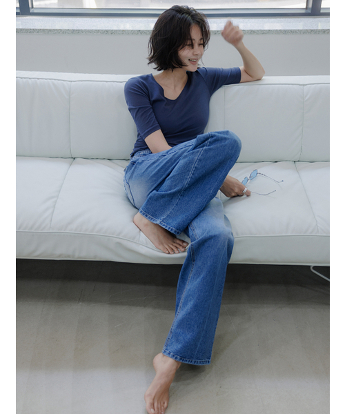 MEMUA(メムア)の「カッティングオビサンドキャットウォッシュデニム(デニムパンツ・レディース・ブルー・SMALL/LARGE/MEDIUM)」の3枚目の写真