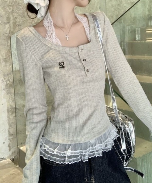 Teem Store（チームストア）の「裾レースフリル ドッキングヘンリーネックリブトップス（Tシャツ/カットソー・レディース・アイボリー・M）」の3枚目の写真