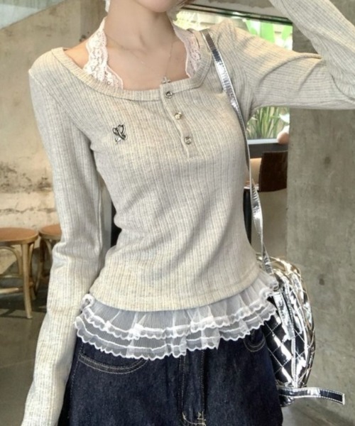 Teem Store（チームストア）の「裾レースフリル ドッキングヘンリーネックリブトップス（Tシャツ/カットソー・レディース・アイボリー・M）」の4枚目の写真