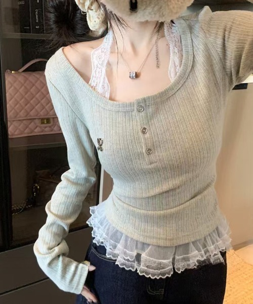 Teem Store（チームストア）の「裾レースフリル ドッキングヘンリーネックリブトップス（Tシャツ/カットソー・レディース・アイボリー・M）」の5枚目の写真