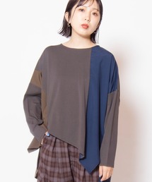 アシンメトリーヘム切替長袖Tシャツ
