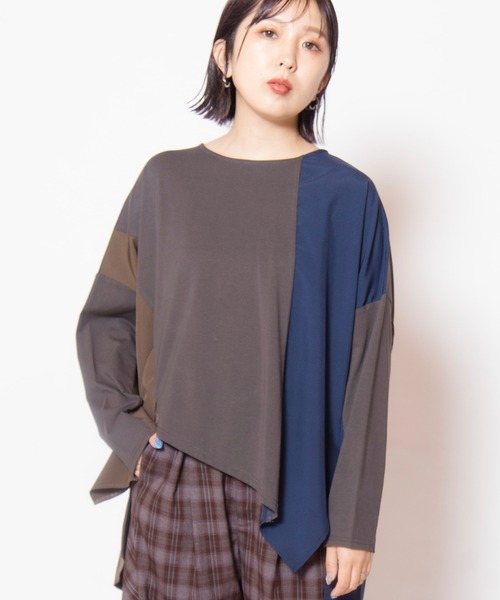 OSMOSIS（オズモーシス）の「アシンメトリーヘム切替長袖Tシャツ（Tシャツ/カットソー・レディース・チャコール/アイボリー/ブラック・ONE SIZE）」の3枚目の写真
