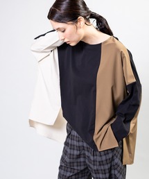 アシンメトリーヘム切替長袖Tシャツ