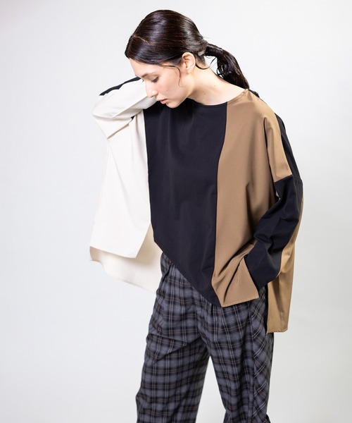 OSMOSIS（オズモーシス）の「アシンメトリーヘム切替長袖Tシャツ（Tシャツ/カットソー・レディース・チャコール/アイボリー/ブラック・ONE SIZE）」の9枚目の写真