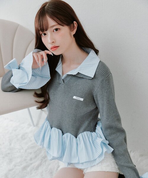 OLIVE des OLIVE（オリーブデオリーブ）の「2枚衿スキッパーニット（ニット/セーター・レディース・チャコールグレー/ブラック/ボルドー・FREE）」の19枚目の写真
