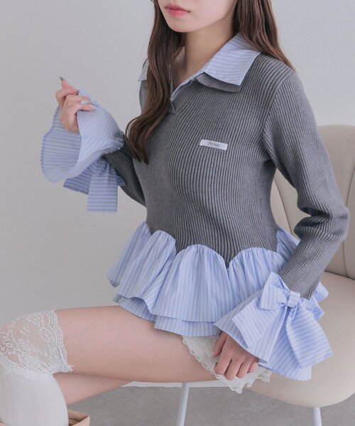 OLIVE des OLIVE（オリーブデオリーブ）の「2枚衿スキッパーニット（ニット/セーター・レディース・チャコールグレー/ブラック/ボルドー・FREE）」の20枚目の写真