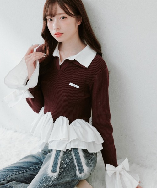 OLIVE des OLIVE（オリーブデオリーブ）の「2枚衿スキッパーニット（ニット/セーター・レディース・チャコールグレー/ブラック/ボルドー・FREE）」の3枚目の写真