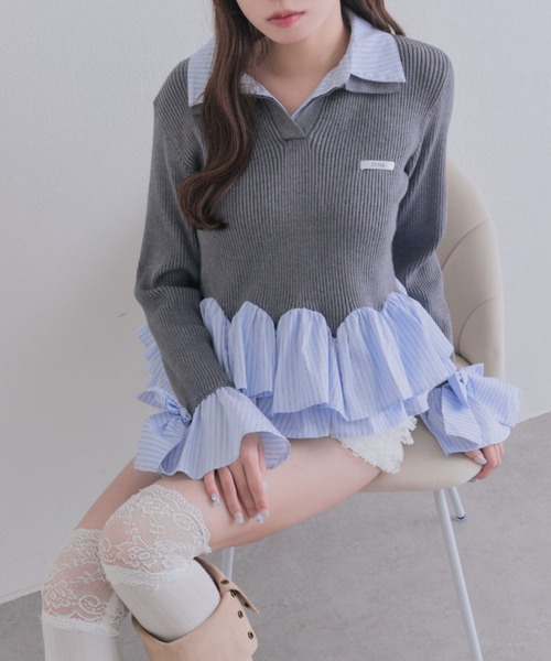 OLIVE des OLIVE（オリーブデオリーブ）の「2枚衿スキッパーニット（ニット/セーター・レディース・チャコールグレー/ブラック/ボルドー・FREE）」の14枚目の写真