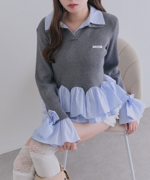 OLIVE des OLIVE（オリーブデオリーブ）の「2枚衿スキッパーニット（ニット/セーター・レディース・チャコールグレー/ブラック/ボルドー・FREE）」の15枚目の写真