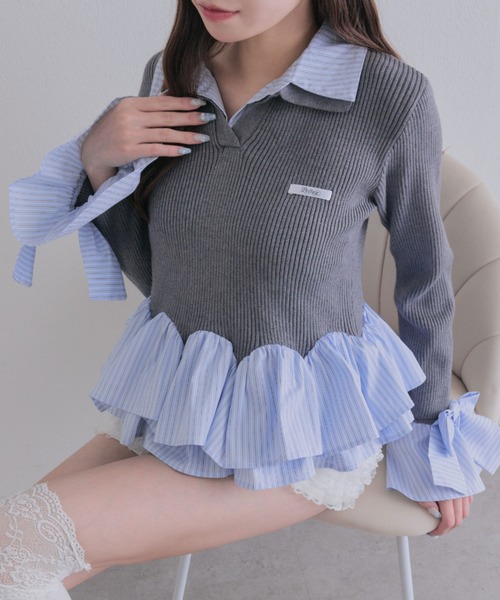 OLIVE des OLIVE（オリーブデオリーブ）の「2枚衿スキッパーニット（ニット/セーター・レディース・チャコールグレー/ブラック/ボルドー・FREE）」の16枚目の写真