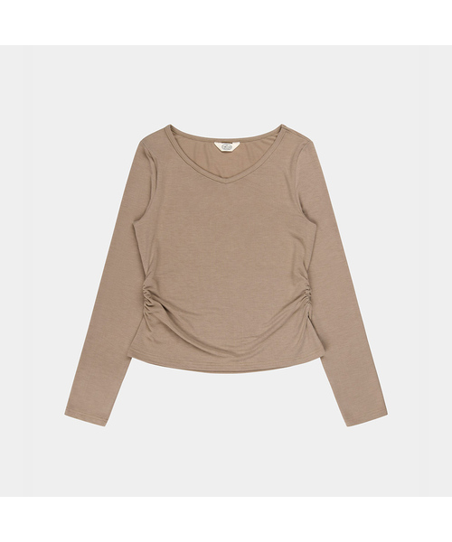 PIGMENT(ピグメント)の「シャーリングVネック長袖Tシャツ (YZTS2606030)(Tシャツ/カットソー・レディース・ホワイト/ブラック/ベージュ・FREE)」の3枚目の写真