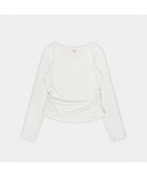 PIGMENT(ピグメント)の「シャーリングVネック長袖Tシャツ (YZTS2606030)(Tシャツ/カットソー・レディース・ホワイト/ブラック/ベージュ・FREE)」の2枚目の写真