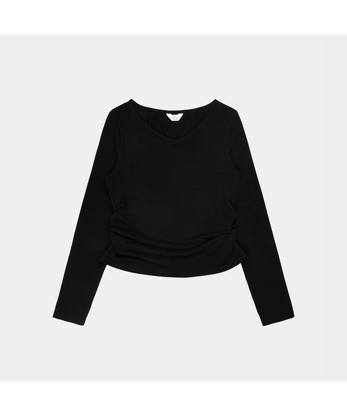 PIGMENT(ピグメント)の「シャーリングVネック長袖Tシャツ (YZTS2606030)(Tシャツ/カットソー・レディース・ホワイト/ブラック/ベージュ・FREE)」の1枚目の写真