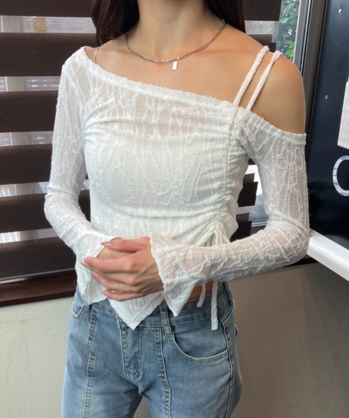 tolene(トレネ)の「ワンショルダー シースルー シャーリングカット 長袖 シアートップス(Tシャツ/カットソー・レディース・ホワイト・FREE)」の21枚目の写真