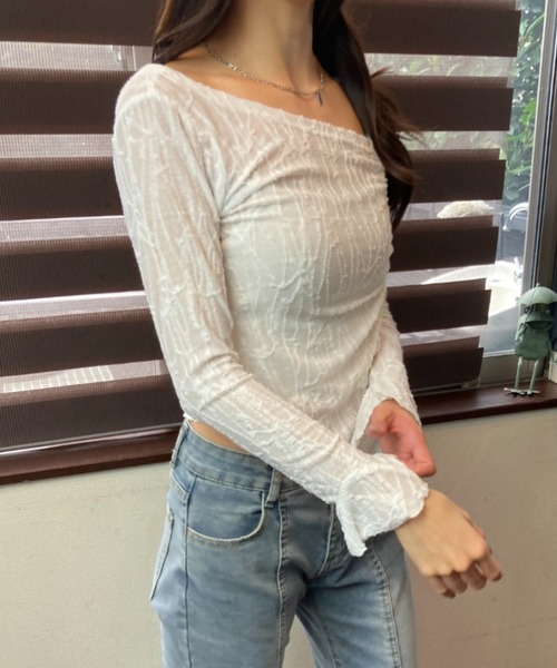 tolene(トレネ)の「ワンショルダー シースルー シャーリングカット 長袖 シアートップス(Tシャツ/カットソー・レディース・ホワイト・FREE)」の12枚目の写真