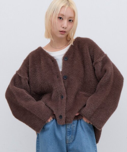 CIAOPANIC TYPY(チャオパニックティピー)の「∴高密度ファーニットジャケット(ノーカラージャケット・レディース・ブラウン/グレー/カーキ・ONE SIZE)」の2枚目の写真