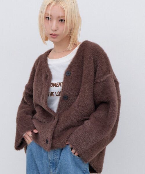 CIAOPANIC TYPY(チャオパニックティピー)の「∴高密度ファーニットジャケット(ノーカラージャケット・レディース・ブラウン/グレー/カーキ・ONE SIZE)」の10枚目の写真