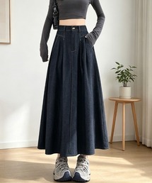 タック入りデニムロングスカート