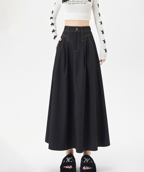 ReRe（リリ）の「タック入りデニムロングスカート（デニムスカート・レディース・ブラック/ネイビー・MEDIUM/X-LARGE/LARGE）」の14枚目の写真