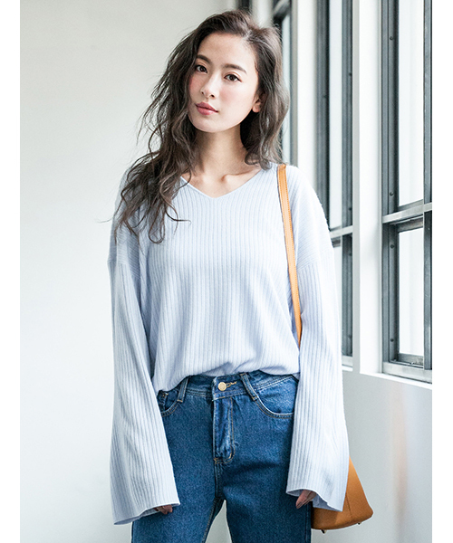 favclo. チェックデザインフレアVニット ARCADE ニット セーター 秋服 ノルディック柄 オーバーサイズ