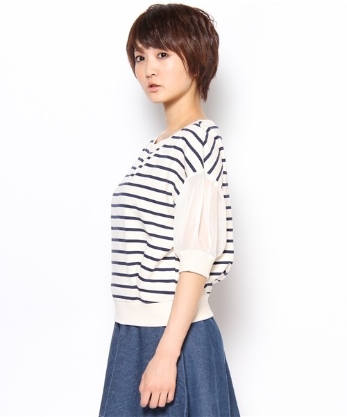 Chico（チコ）の「ﾎﾞｰﾀﾞｰ後開き袖ｼﾌｫﾝSWT（Tシャツ/カットソー・レディース・ホワイト×ブラック/ホワイト×ネイビー・FREE）」の5枚目の写真