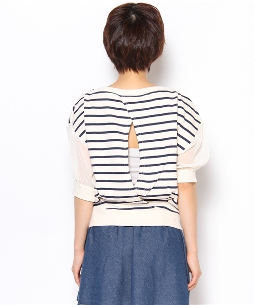 Chico（チコ）の「ﾎﾞｰﾀﾞｰ後開き袖ｼﾌｫﾝSWT（Tシャツ/カットソー・レディース・ホワイト×ブラック/ホワイト×ネイビー・FREE）」の8枚目の写真