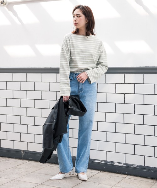 Aunt Marie's（アントマリーズ）の「AUNT MARIE’S　ドロップショルダーボーダーロングTシャツ（Tシャツ/カットソー・レディース・ブラック/ベージュ/グリーン・FREE）」の6枚目の写真