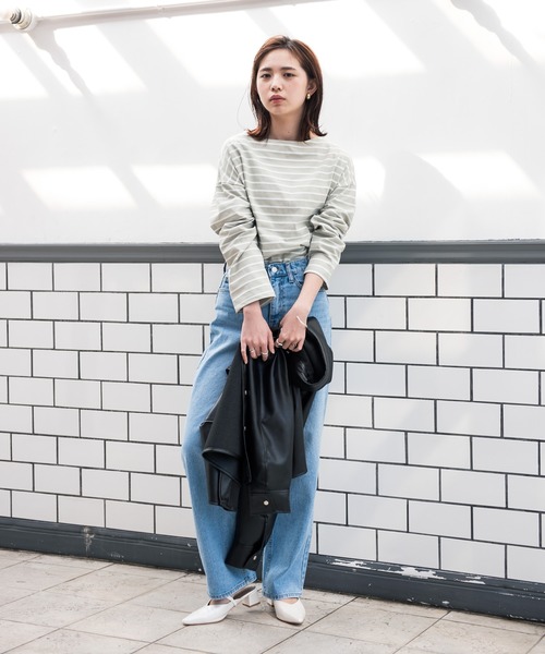 Aunt Marie's（アントマリーズ）の「AUNT MARIE’S　ドロップショルダーボーダーロングTシャツ（Tシャツ/カットソー・レディース・ブラック/ベージュ/グリーン・FREE）」の7枚目の写真