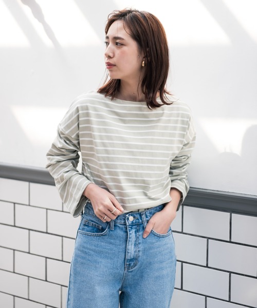 Aunt Marie's（アントマリーズ）の「AUNT MARIE’S　ドロップショルダーボーダーロングTシャツ（Tシャツ/カットソー・レディース・ブラック/ベージュ/グリーン・FREE）」の4枚目の写真