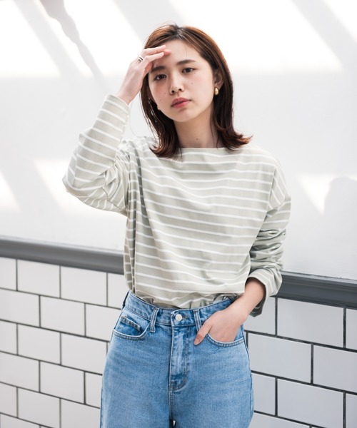 Aunt Marie's（アントマリーズ）の「AUNT MARIE’S　ドロップショルダーボーダーロングTシャツ（Tシャツ/カットソー・レディース・ブラック/ベージュ/グリーン・FREE）」の9枚目の写真