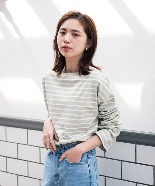 Aunt Marie's（アントマリーズ）の「AUNT MARIE’S　ドロップショルダーボーダーロングTシャツ（Tシャツ/カットソー・レディース・ブラック/ベージュ/グリーン・FREE）」の10枚目の写真