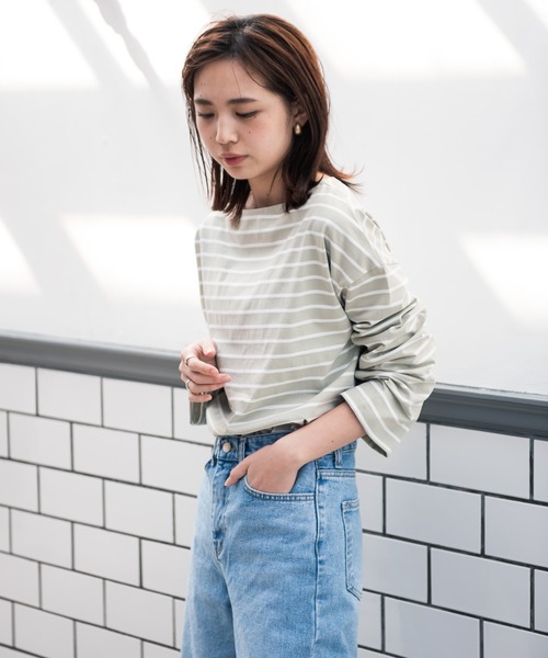 Aunt Marie's（アントマリーズ）の「AUNT MARIE’S　ドロップショルダーボーダーロングTシャツ（Tシャツ/カットソー・レディース・ブラック/ベージュ/グリーン・FREE）」の11枚目の写真