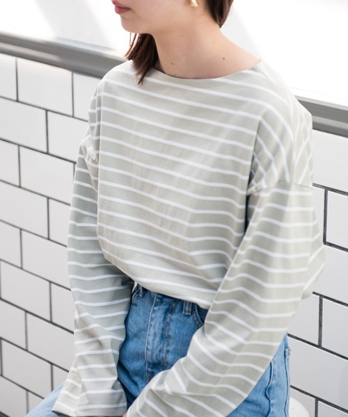 Aunt Marie's（アントマリーズ）の「AUNT MARIE’S　ドロップショルダーボーダーロングTシャツ（Tシャツ/カットソー・レディース・ブラック/ベージュ/グリーン・FREE）」の15枚目の写真