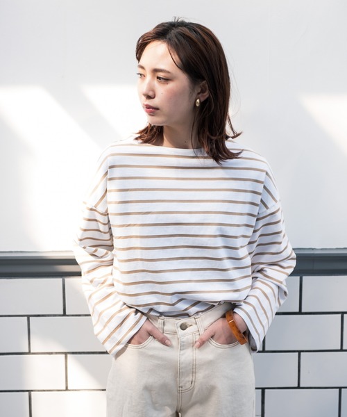 Aunt Marie's（アントマリーズ）の「AUNT MARIE’S　ドロップショルダーボーダーロングTシャツ（Tシャツ/カットソー・レディース・ブラック/ベージュ/グリーン・FREE）」の19枚目の写真