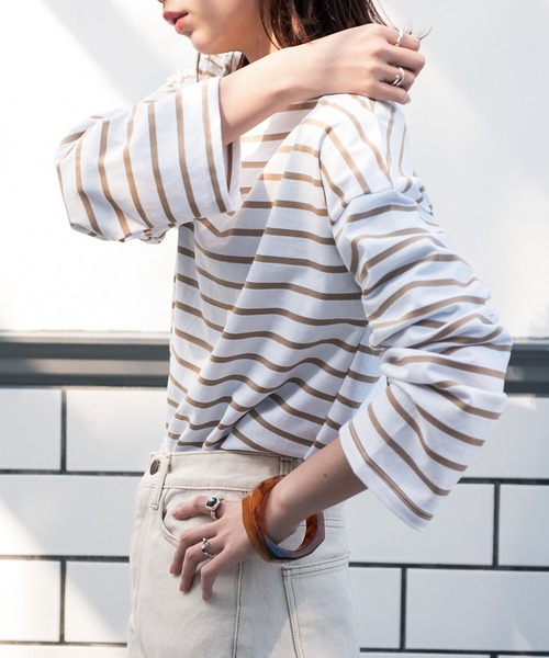 Aunt Marie's（アントマリーズ）の「AUNT MARIE’S　ドロップショルダーボーダーロングTシャツ（Tシャツ/カットソー・レディース・ブラック/ベージュ/グリーン・FREE）」の21枚目の写真