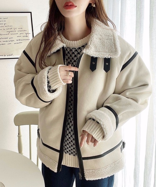 moment+（モーメントプラス）の「【累計販売枚数3万枚突破！】スエード×ボアフェイクムートンB-3ジャケットブルゾン（ムートンコート・レディース・アイボリー/キャメル/ブラウン/ブラック/ブラック系その他/ライトベージュ・S/M/L）」の10枚目の写真