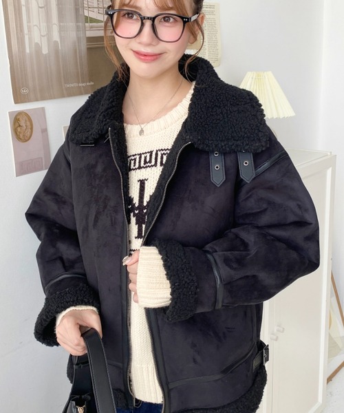【３児のmama(*^^*) ‼️】フェイクムートンボアブルゾン 新品タグ付きUnglidアングリッドフェイクムートンボアブルゾン・黒
