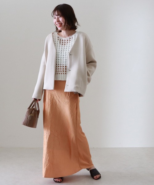 Cheek(チーク)の「ボンディングショートコート(ノーカラーコート・レディース・キャメル/サックスブルー/アイボリー・MEDIUM)」の7枚目の写真
