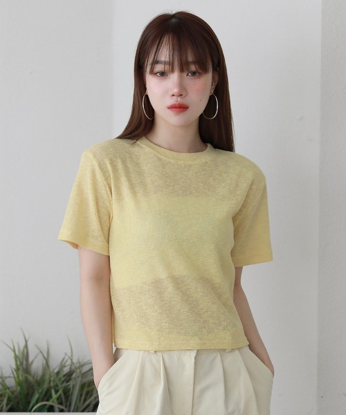 by muni:r(バイ ムニール)の「クロップドTシャツ(Tシャツ/カットソー・レディース・パープル/カーキ/ピンク/イエロー/アイボリー・FREE)」の1枚目の写真