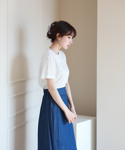 by muni:r(バイ ムニール)の「クロップドTシャツ(Tシャツ/カットソー・レディース・パープル/カーキ/ピンク/イエロー/アイボリー・FREE)」の10枚目の写真