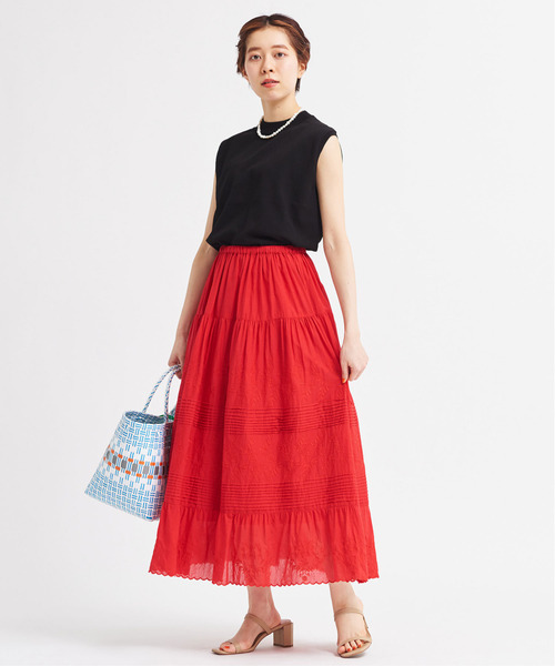 Dot＆Stripes CHILD WOMAN（ドットアンドストライプス　チャイルドウーマン）の「C/Visローン刺繍 ティアードスカート（スカート・レディース・レッド/ホワイト/ブラック・FREE）」の6枚目の写真