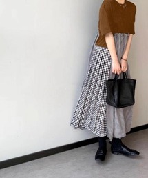 5分袖カットソー切り替えギンガムチェックティアードロングワンピース