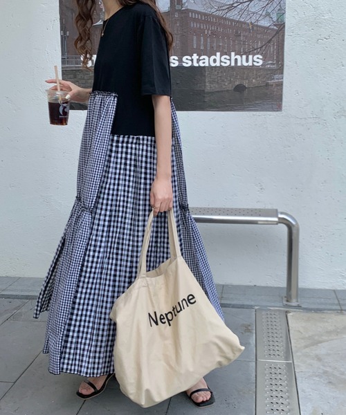 emi+（エミプラス）の「5分袖カットソー切り替えギンガム