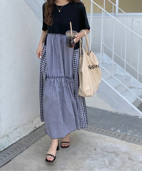 emi+（エミプラス）の「5分袖カットソー切り替えギンガム