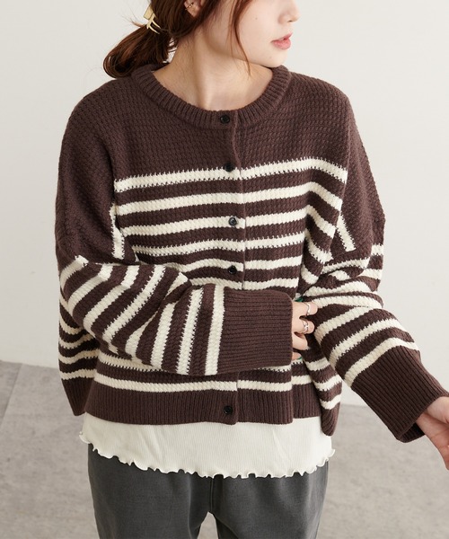 PUAL CE CIN(ピュアルセシン)の「パネルボーダーニットカーディガン(カーディガン/ボレロ・レディース・ブラウン/ブルー/アイボリー・FREE)」の1枚目の写真