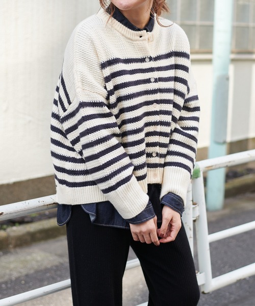 PUAL CE CIN(ピュアルセシン)の「パネルボーダーニットカーディガン(カーディガン/ボレロ・レディース・ブラウン/ブルー/アイボリー・FREE)」の2枚目の写真