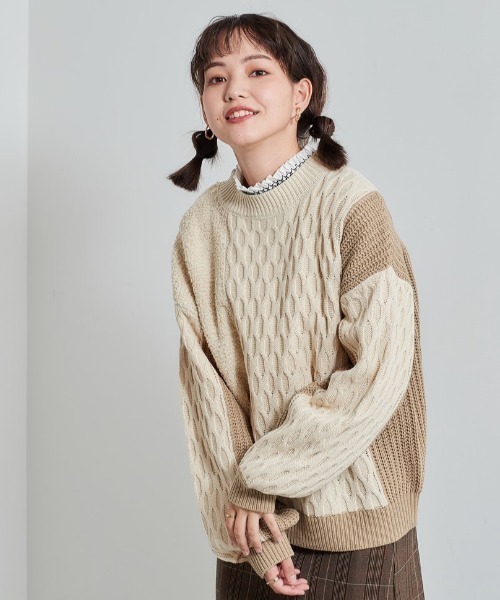 cepo（セポ）の「パッチワークケーブルニット（ニット/セーター・レディース・オフホワイト/サックスブルー・M）」の2枚目の写真